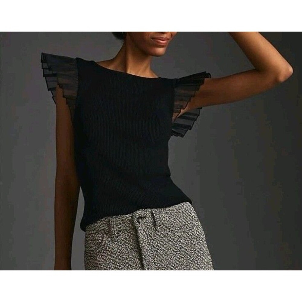 Anthropologie Black Ribbed Knit Sheer Ruffled Sleeve Sweater Balletcore Top L